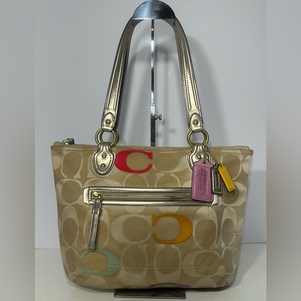 Coach Poppy Embroidered Khaki & Jacquard Signature C Multicolor Shoulder Bag